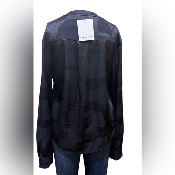 CAlVIN KLEIN JACQUARD BLACK BLOUSE PLEATED V-NECK WOMEN ASYMMETRICAL PRINT SMALL - Picture 8 of 10